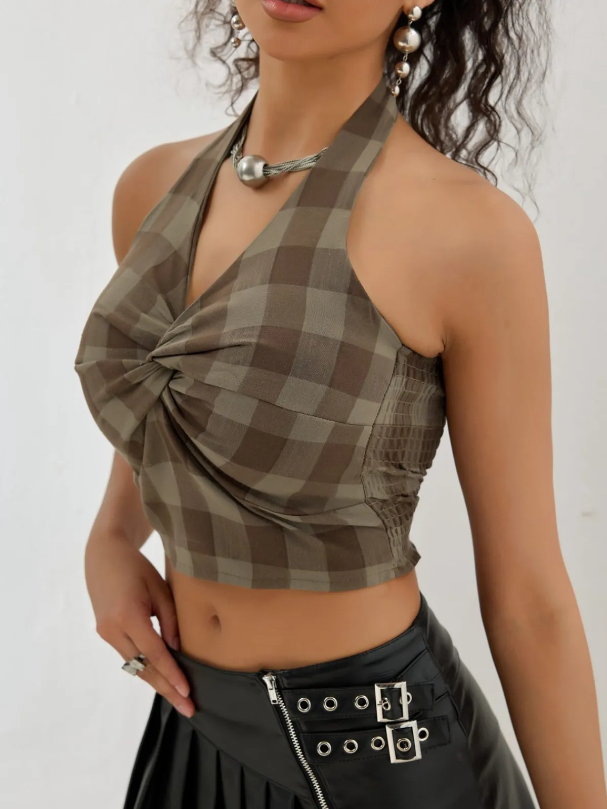 Online Retro Stage 1930s Halter Gingham Plaid Smocked Crop Top Brown