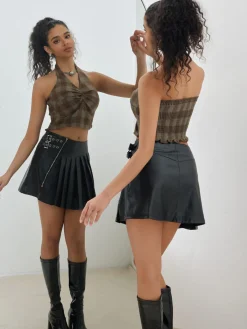 Online Retro Stage 1930s Halter Gingham Plaid Smocked Crop Top Brown