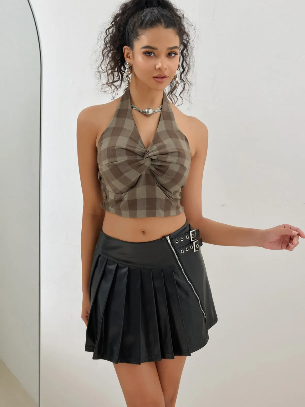 Online Retro Stage 1930s Halter Gingham Plaid Smocked Crop Top Brown