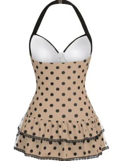 Sale Retro Stage Brown 1940s Halter Polka Dots Bow Swimsuit