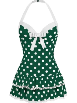 Sale Retro Stage Brown 1940s Halter Polka Dots Bow Swimsuit