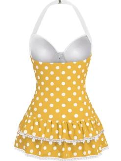 Sale Retro Stage Brown 1940s Halter Polka Dots Bow Swimsuit