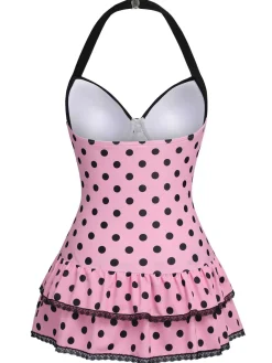 Sale Retro Stage Brown 1940s Halter Polka Dots Bow Swimsuit