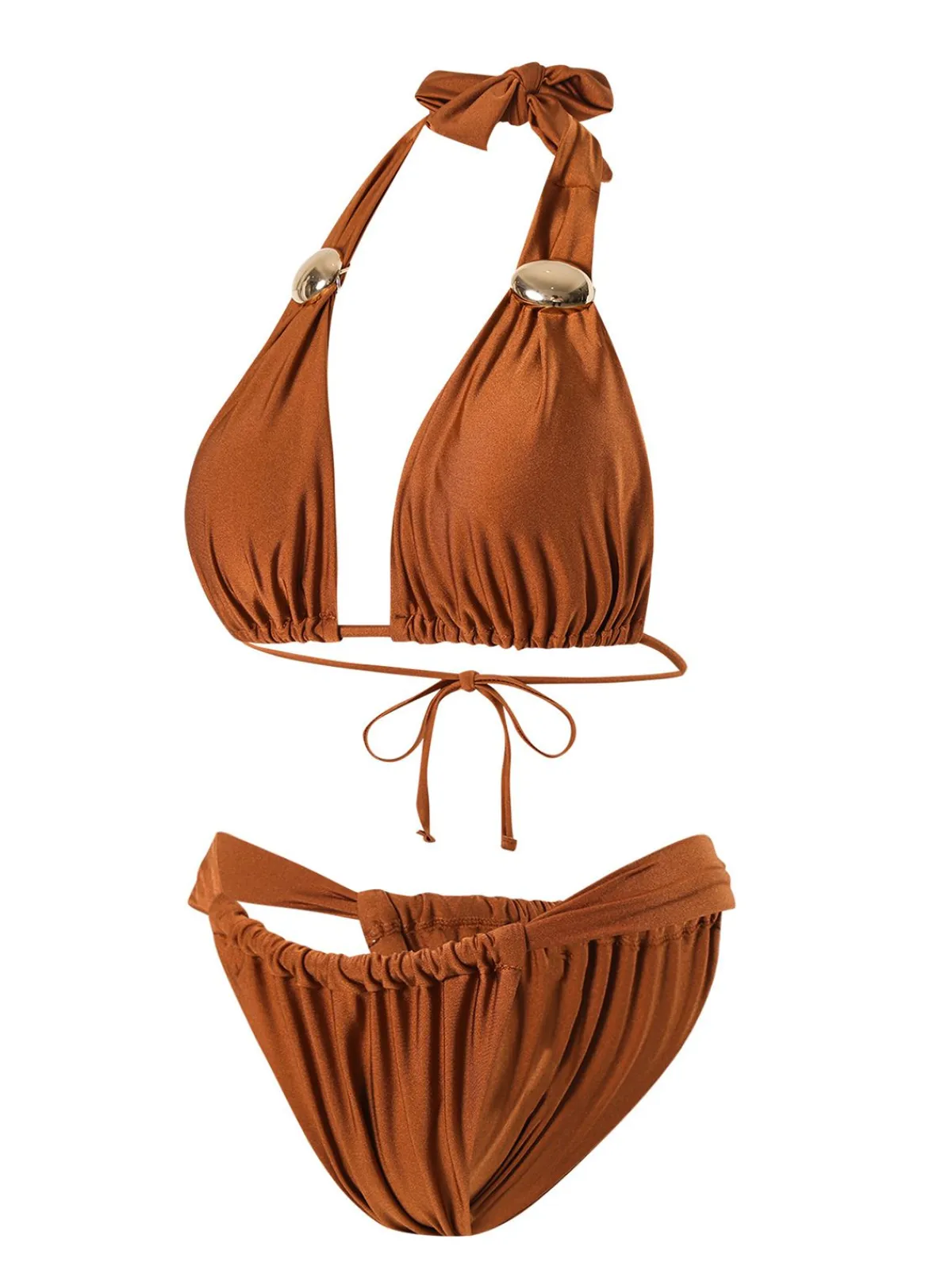 Hot Retro Stage 1970s Halter Ruched Solid Bikini Brown