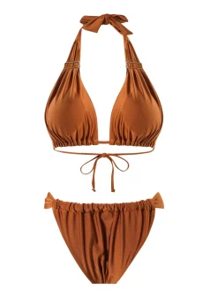 Hot Retro Stage 1970s Halter Ruched Solid Bikini Brown