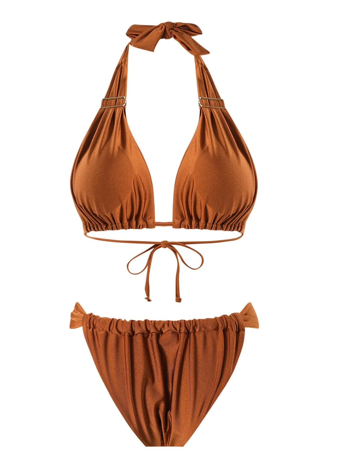Hot Retro Stage 1970s Halter Ruched Solid Bikini Brown