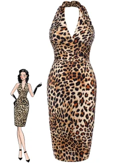 New Retro Stage 1960s Halter V-Neck Leopard Dress Brown