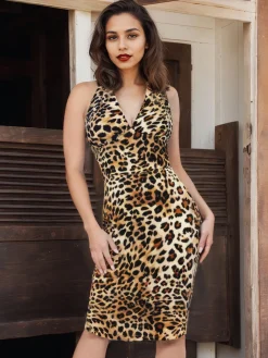 New Retro Stage 1960s Halter V-Neck Leopard Dress Brown