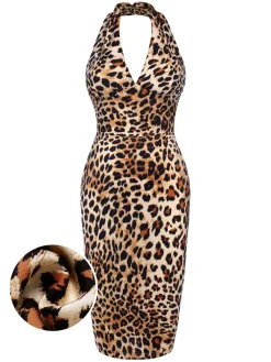 New Retro Stage 1960s Halter V-Neck Leopard Dress Brown