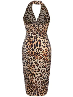 New Retro Stage 1960s Halter V-Neck Leopard Dress Brown