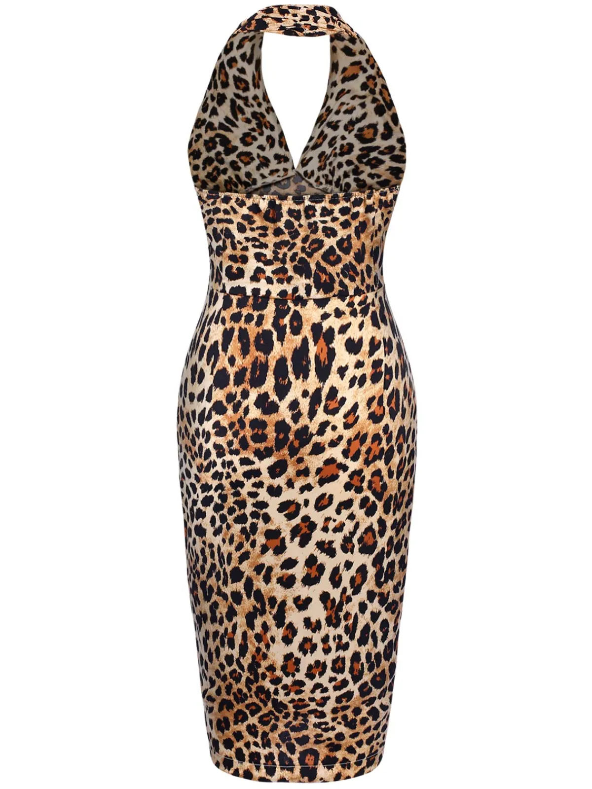 New Retro Stage 1960s Halter V-Neck Leopard Dress Brown