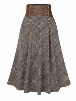 Best Retro Stage 1940s Lace-Up Glen Plaid Skirt Brown