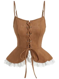 Outlet Retro Stage 1950s Lace-up Suede Lace Corset Top Brown