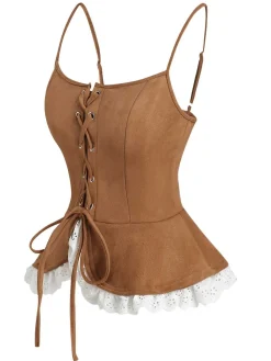 Outlet Retro Stage 1950s Lace-up Suede Lace Corset Top Brown