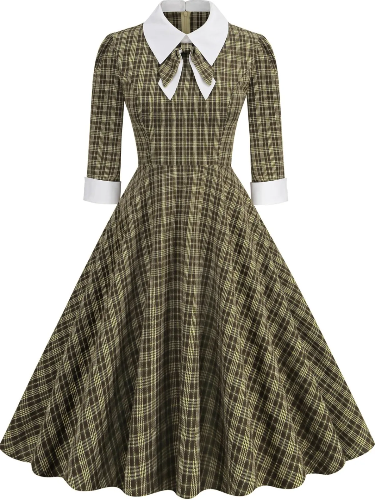 Best Retro Stage 1950s Lapel Bow Decor Plaids Dress Brown