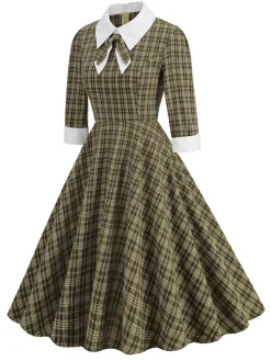 Best Retro Stage 1950s Lapel Bow Decor Plaids Dress Brown