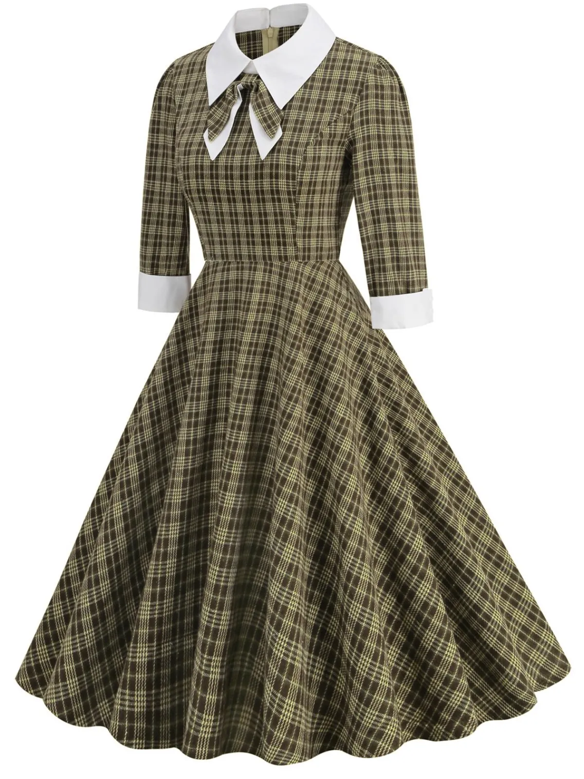Best Retro Stage 1950s Lapel Bow Decor Plaids Dress Brown
