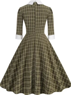 Best Retro Stage 1950s Lapel Bow Decor Plaids Dress Brown