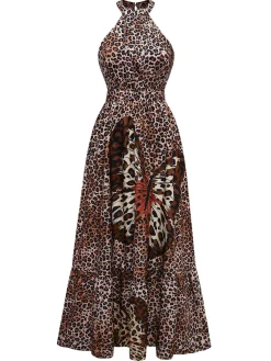 Outlet Retro Stage Brown 1930s Butterfly Round Halter Dress Leopard