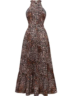 Outlet Retro Stage Brown 1930s Butterfly Round Halter Dress Leopard