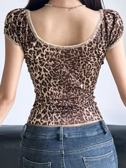 Clearance Retro Stage 1980s Leopard Deep V-Neck Tank Top Brown