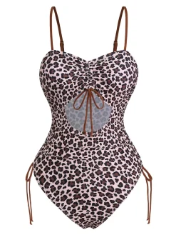 Hot Retro Stage 1940s Leopard Hollow Drawstring Swimsuit Brown