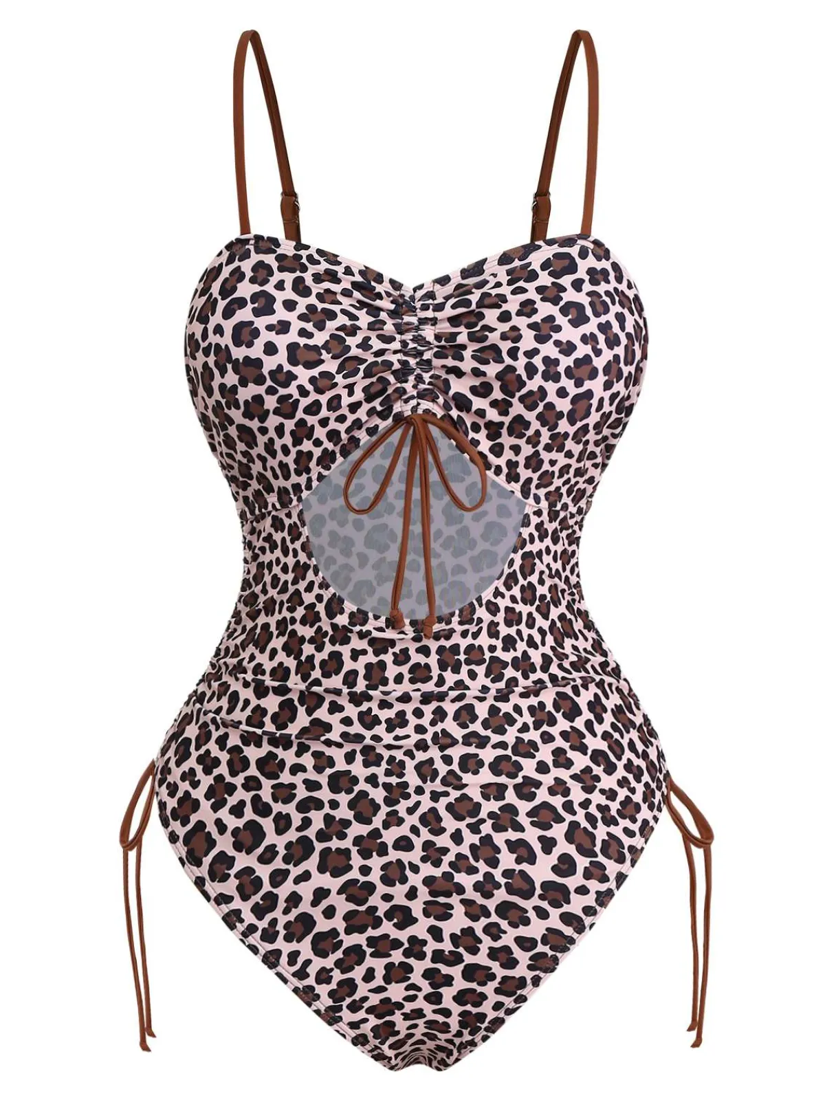 Hot Retro Stage 1940s Leopard Hollow Drawstring Swimsuit Brown