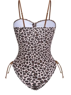 Hot Retro Stage 1940s Leopard Hollow Drawstring Swimsuit Brown