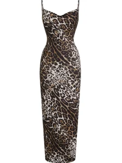 New Retro Stage 1960s Leopard Spaghetti Straps Backless Dress Brown