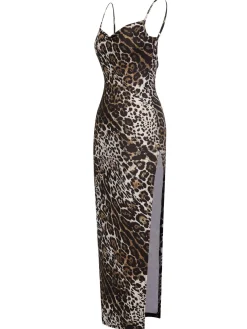 New Retro Stage 1960s Leopard Spaghetti Straps Backless Dress Brown