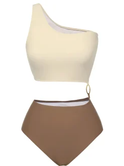 Discount Retro Stage 1930s Metal Button One-Shoulder Swimsuit Brown