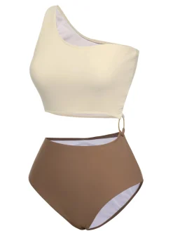 Discount Retro Stage 1930s Metal Button One-Shoulder Swimsuit Brown