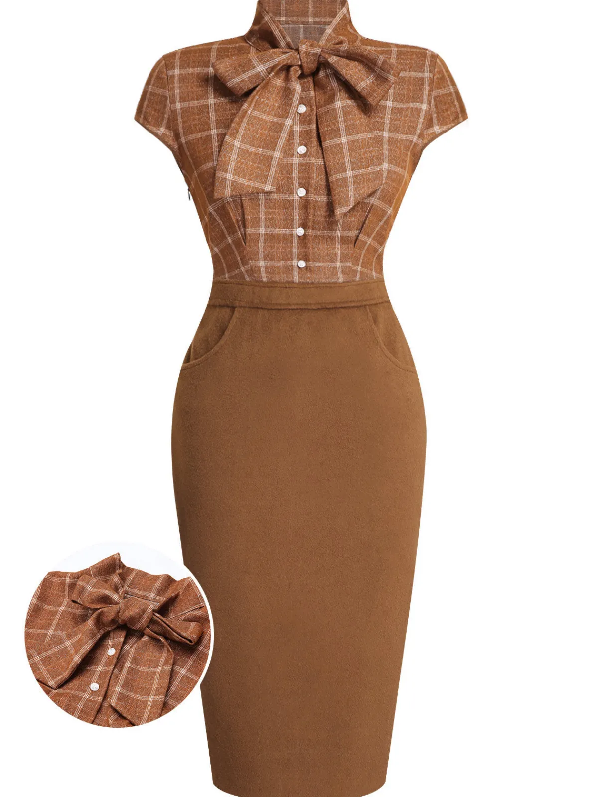 Sale Retro Stage 1960s Plaid Patchwork Pencil Dress Brown