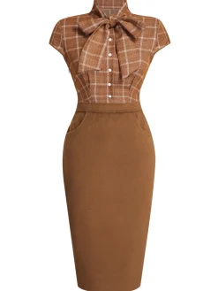 Sale Retro Stage 1960s Plaid Patchwork Pencil Dress Brown