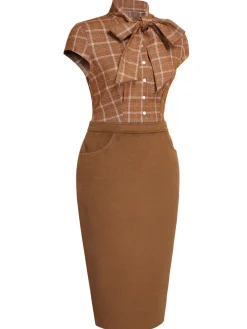 Sale Retro Stage 1960s Plaid Patchwork Pencil Dress Brown