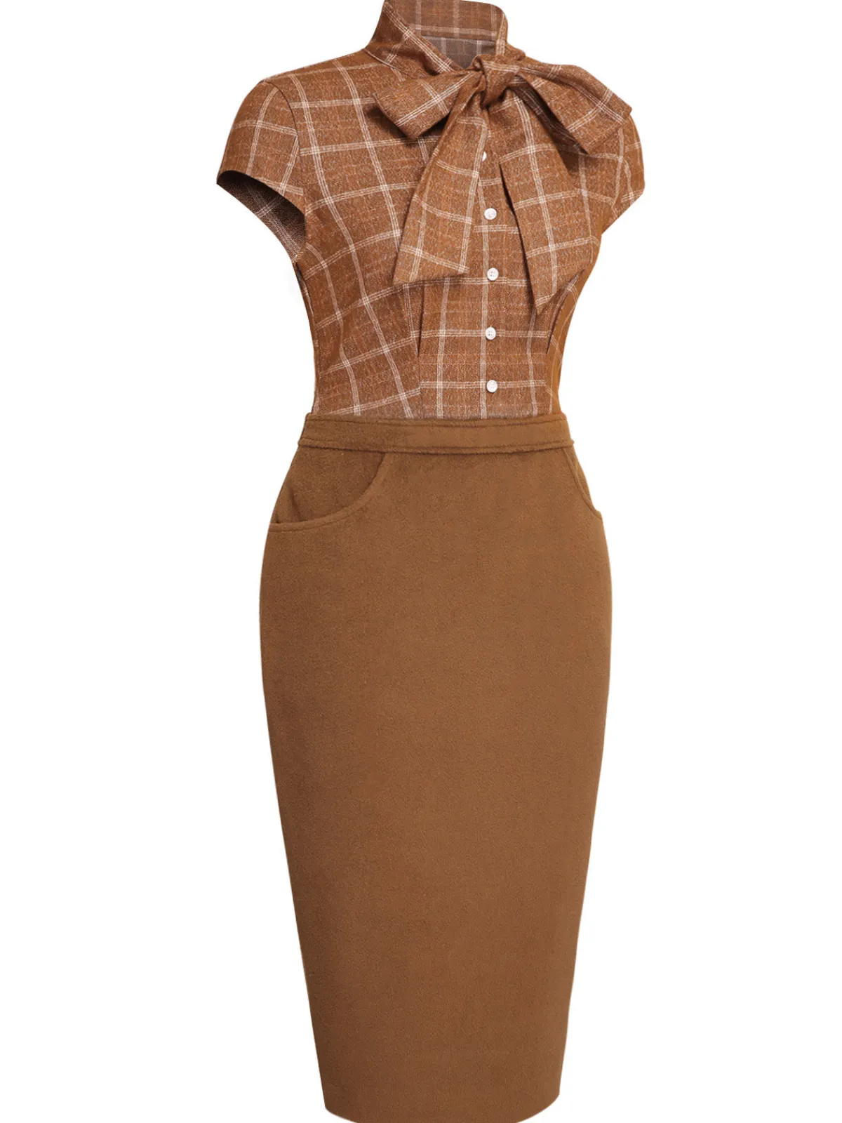 Sale Retro Stage 1960s Plaid Patchwork Pencil Dress Brown