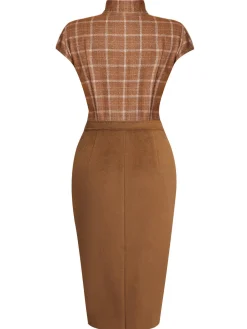 Sale Retro Stage 1960s Plaid Patchwork Pencil Dress Brown