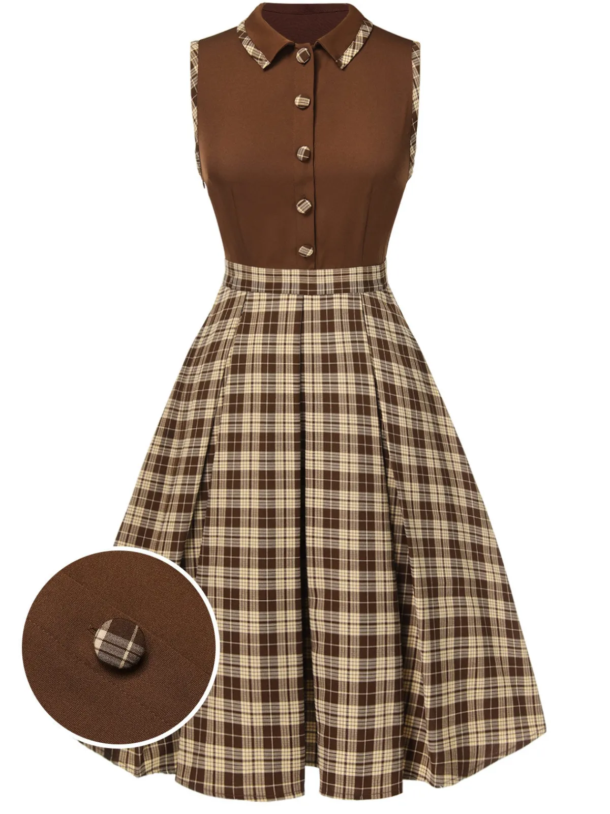New Retro Stage 1950s Plaids Lapel Patchwork Dress Brown