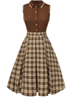 New Retro Stage 1950s Plaids Lapel Patchwork Dress Brown