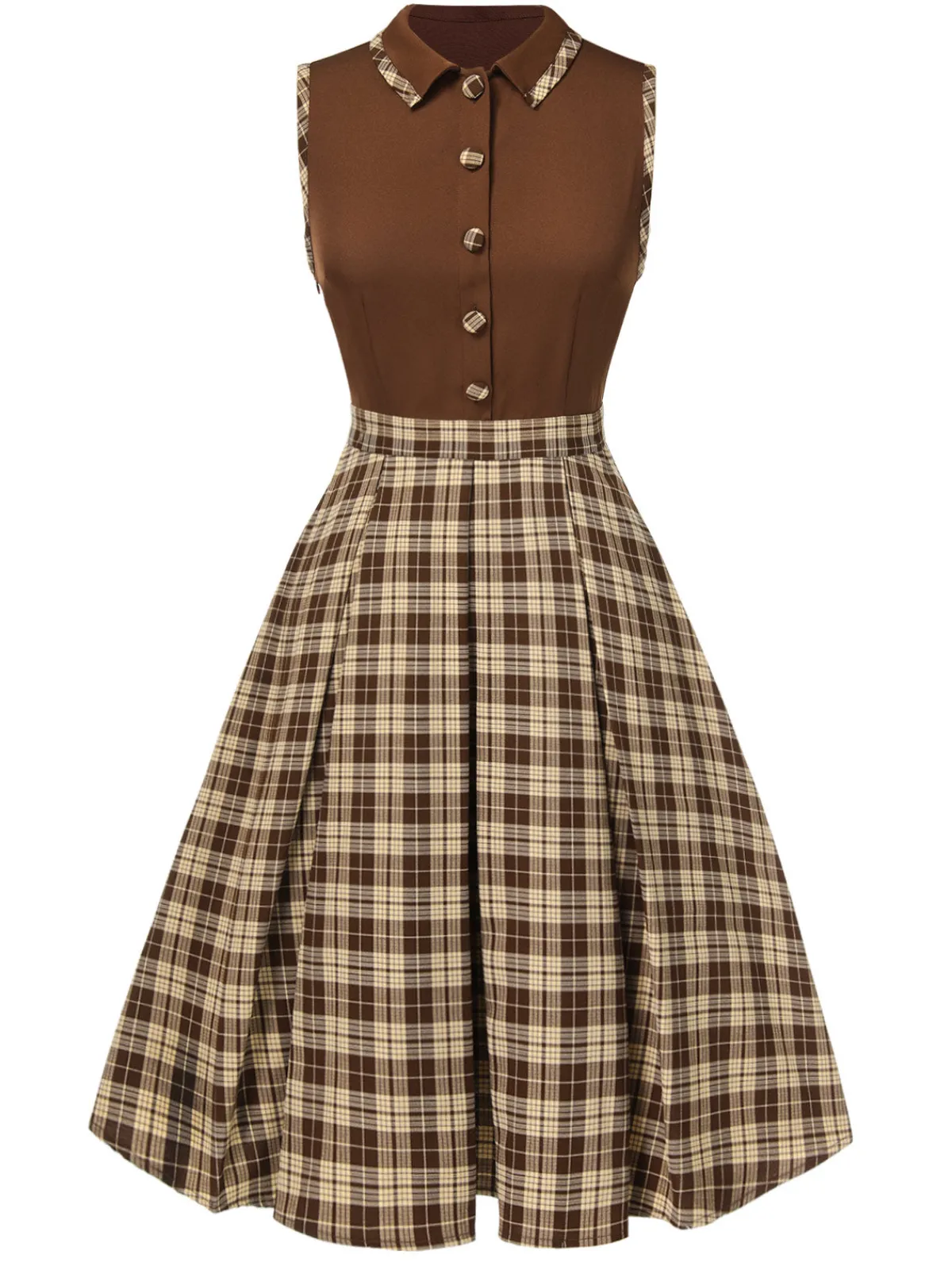 New Retro Stage 1950s Plaids Lapel Patchwork Dress Brown