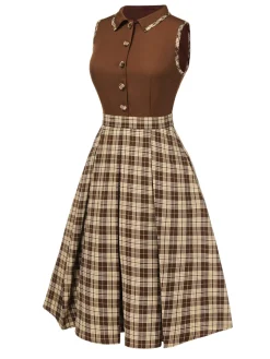 New Retro Stage 1950s Plaids Lapel Patchwork Dress Brown
