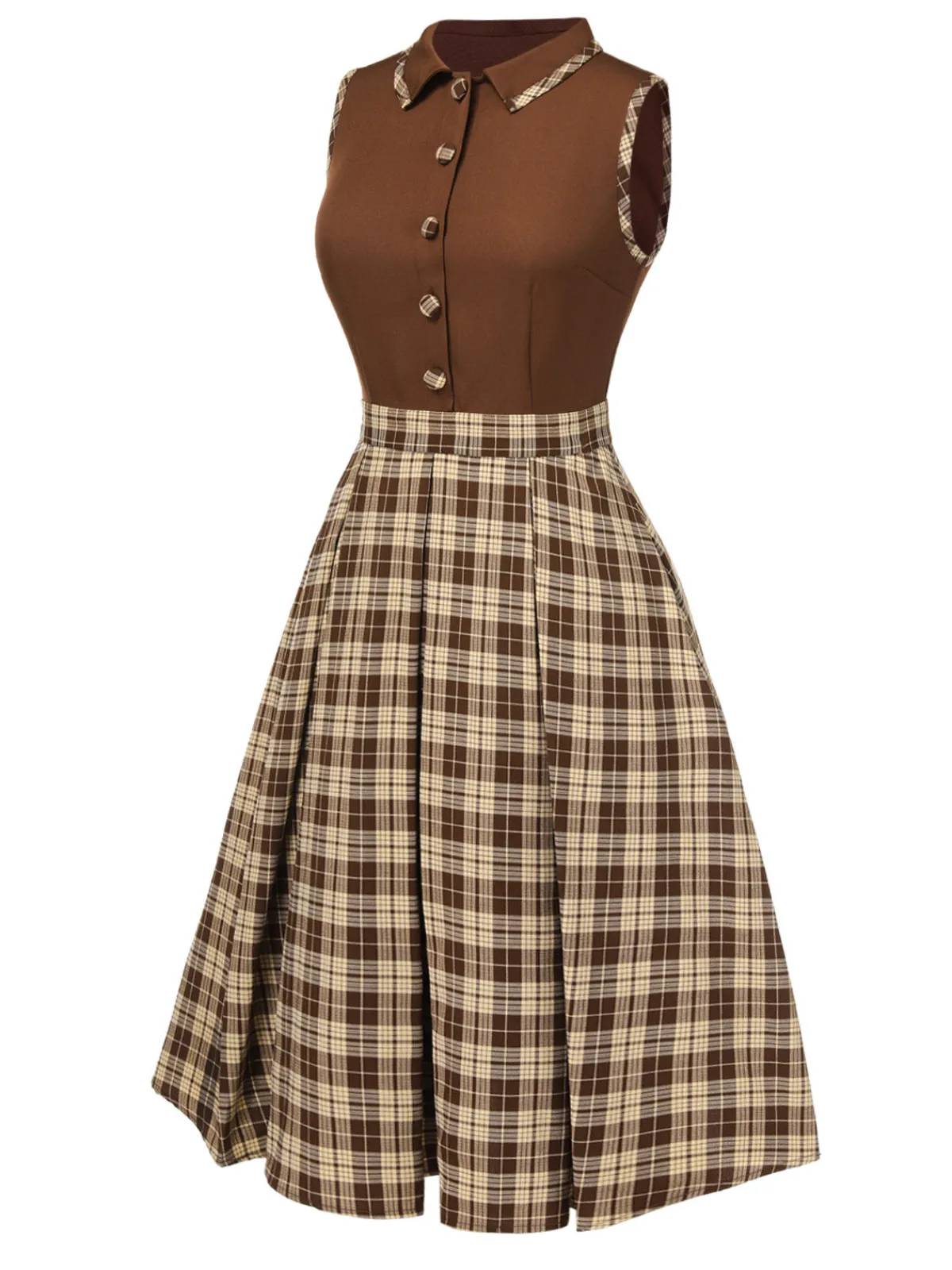 New Retro Stage 1950s Plaids Lapel Patchwork Dress Brown