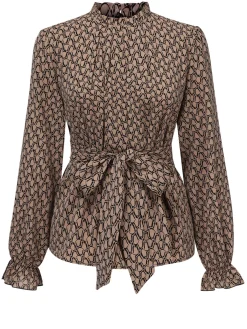 Hot Retro Stage 1950s Ruffles Tie Waist Blouse Brown