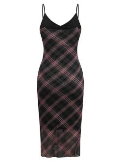 Clearance Retro Stage 1930s Scottish Plaid Suspender V-Neck Maxi Dress Brown