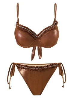 Best Retro Stage 1950s Shiny Rhinestones Headed Ruffle Bikini Set Brown