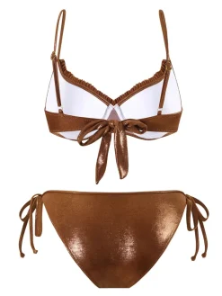 Best Retro Stage 1950s Shiny Rhinestones Headed Ruffle Bikini Set Brown
