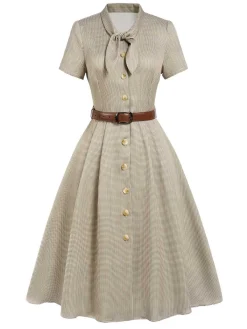 Sale Retro Stage Brown 1940s Small Windowpane Plaid Dress