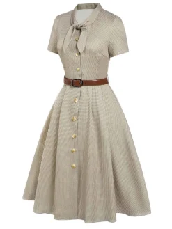 Sale Retro Stage Brown 1940s Small Windowpane Plaid Dress