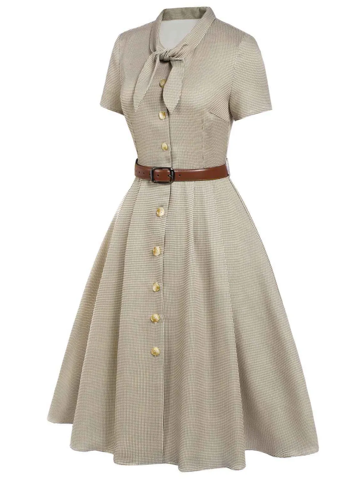 Sale Retro Stage Brown 1940s Small Windowpane Plaid Dress