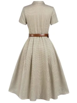 Sale Retro Stage Brown 1940s Small Windowpane Plaid Dress